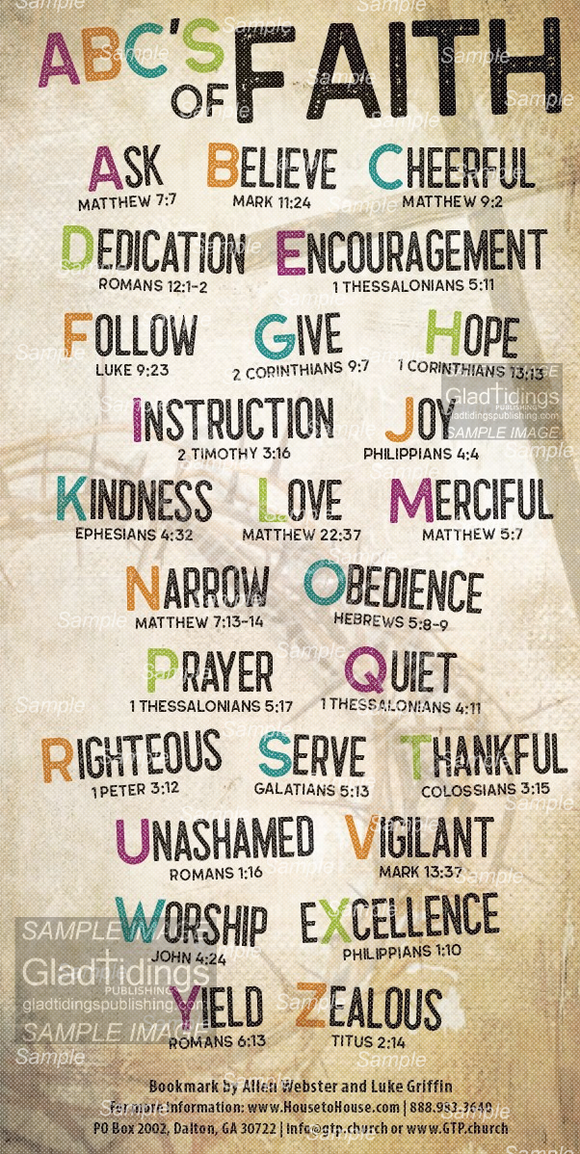 ABC's of Faith (Pack of 10) Info-Cards or Oversize Bookmarks - Glad Tidings Publishing