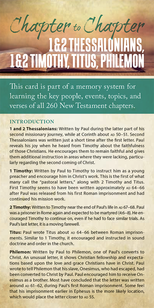 Chapter to Chapter - 1 & 2 Thessalonians, 1 & 2 Timothy, Titus, Philemon (Pack of 10) Info-Cards or Oversize Bookmarks - Glad Tidings Publishing