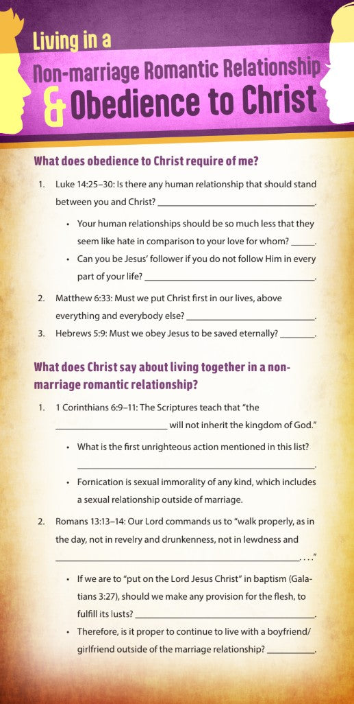 Living in a Non-marriage Romantic Relationship and Obedience to Christ (Pack of 10) Info-Cards or Oversize Bookmarks
