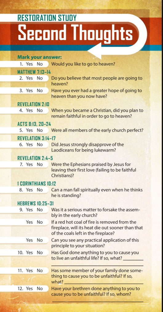 Restoration Study - Second Thoughts (Pack of 10) Info-Cards or Oversize Bookmarks - Glad Tidings Publishing